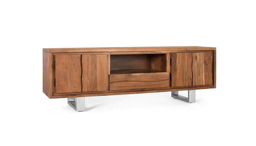 TV Stand with 4 Doors and 1 Drawer, Solid Acacia