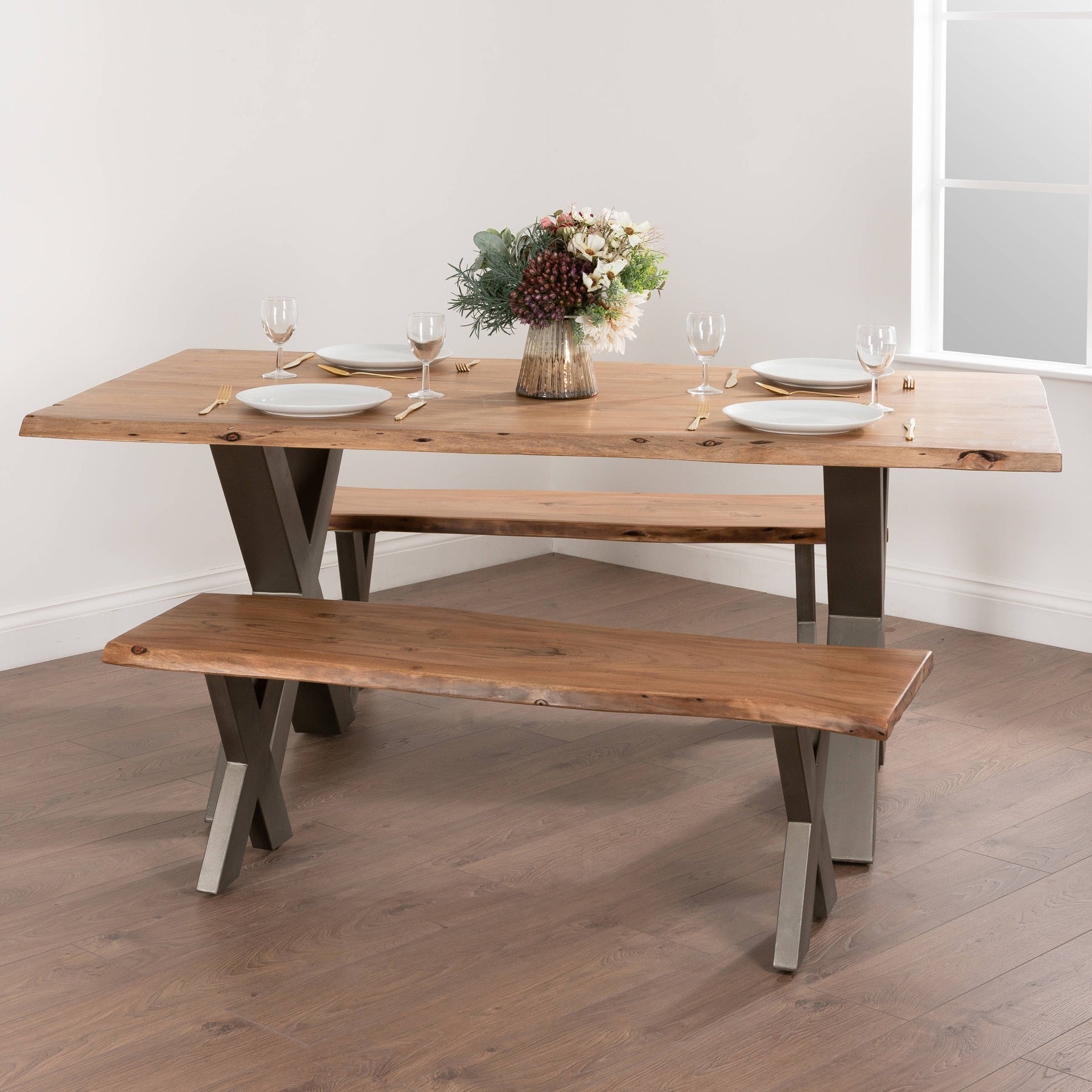 Acacia Wood Live Edge Dining Set, Table and Bench