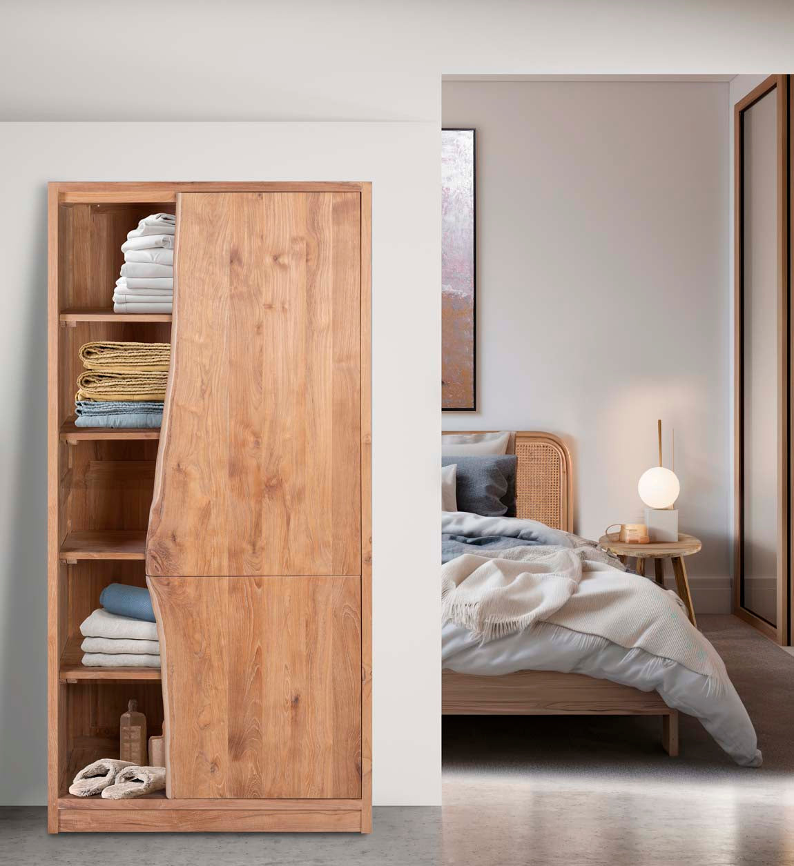 Wooden 2 Doors 8 Shelves Wardrobe, Teak