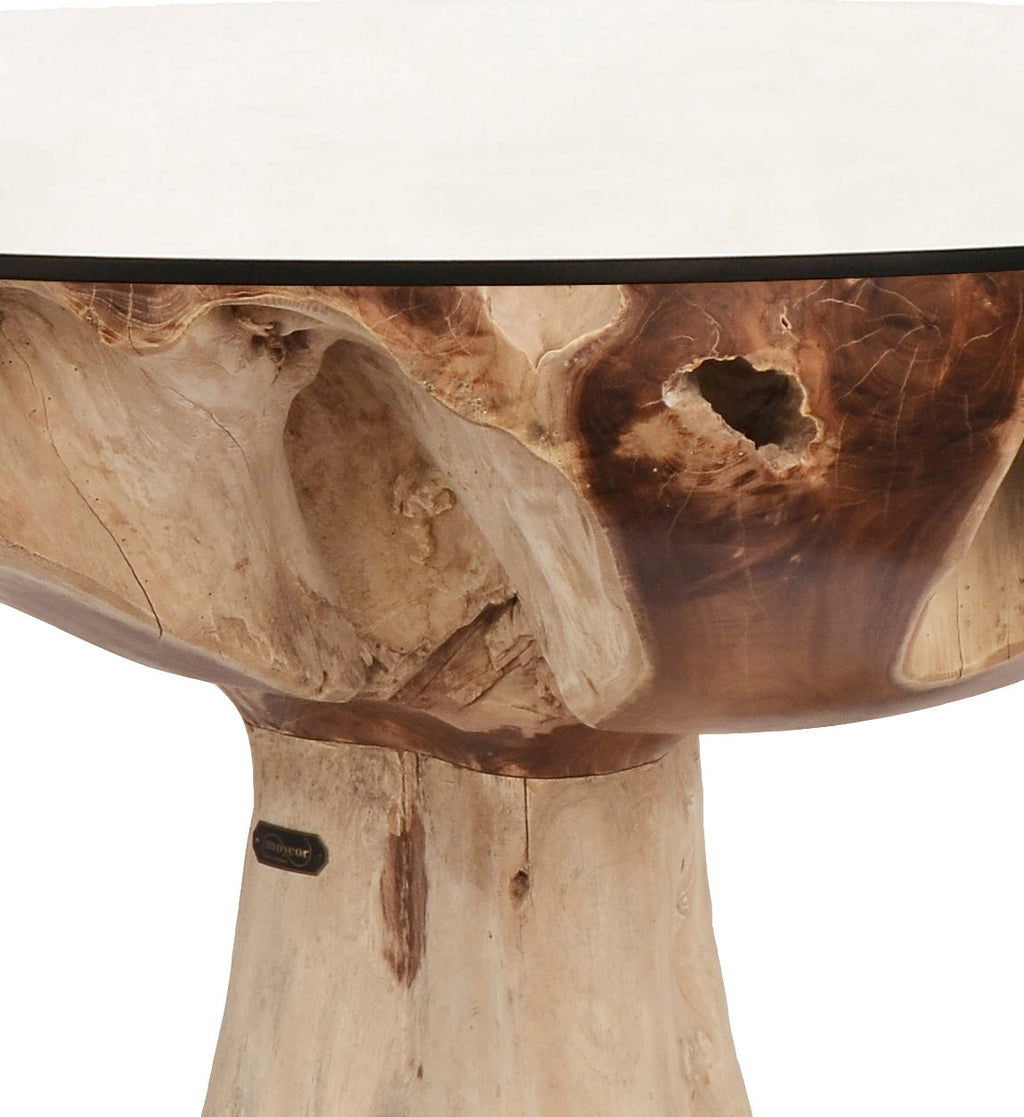 BLEACHED TEAK ROOT GARDEN TABLE WITH GLASS