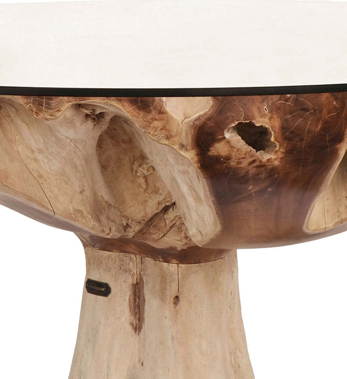BLEACHED TEAK ROOT GARDEN TABLE WITH GLASS