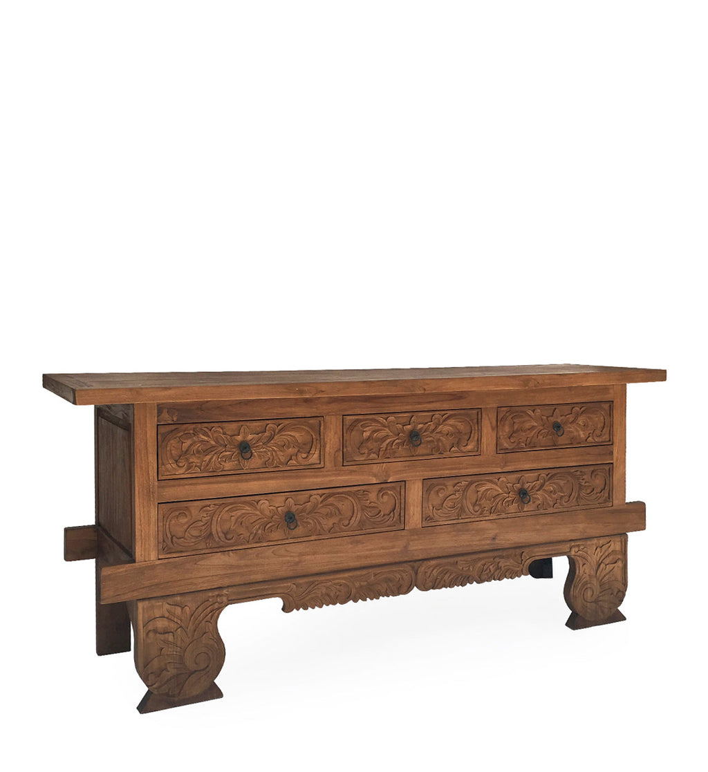 WOODEN 5 DRAWERS CARVED SIDEBOARD, TEAK