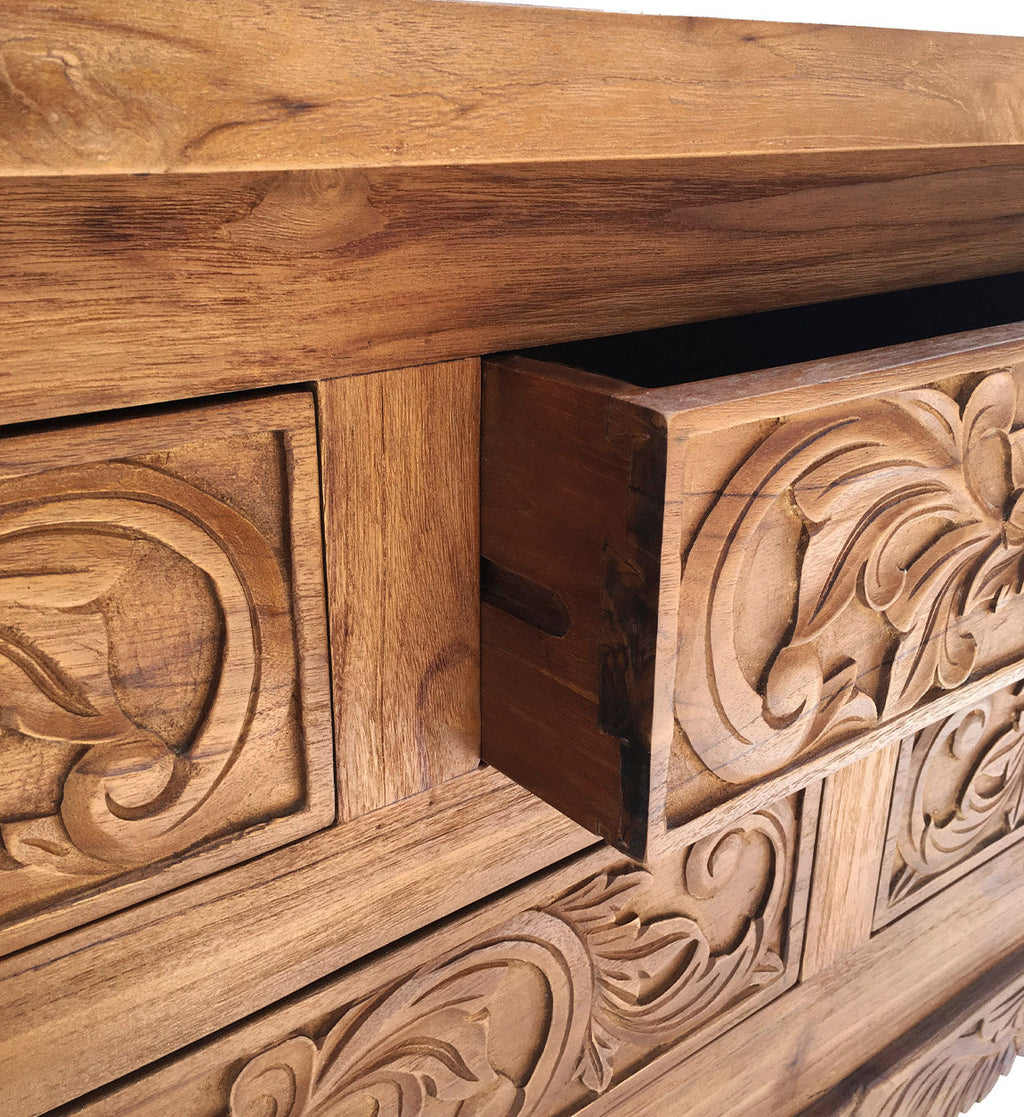 WOODEN 5 DRAWERS CARVED SIDEBOARD, TEAK