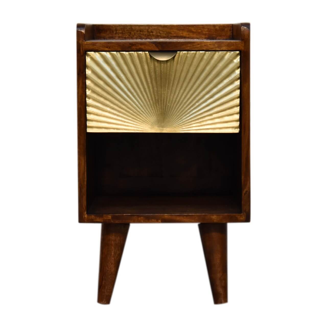Narrow Sunrise Brass Plated Bedside Table, Chestnut Finish