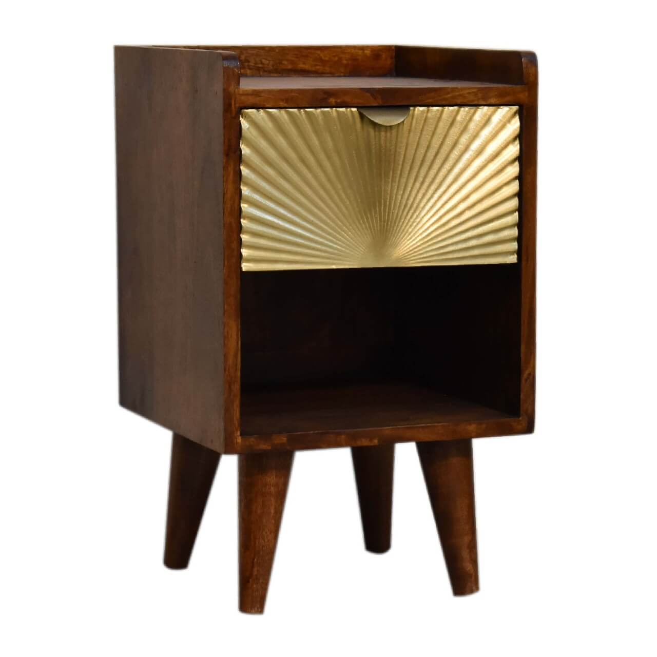Narrow Sunrise Brass Plated Bedside Table, Chestnut Finish