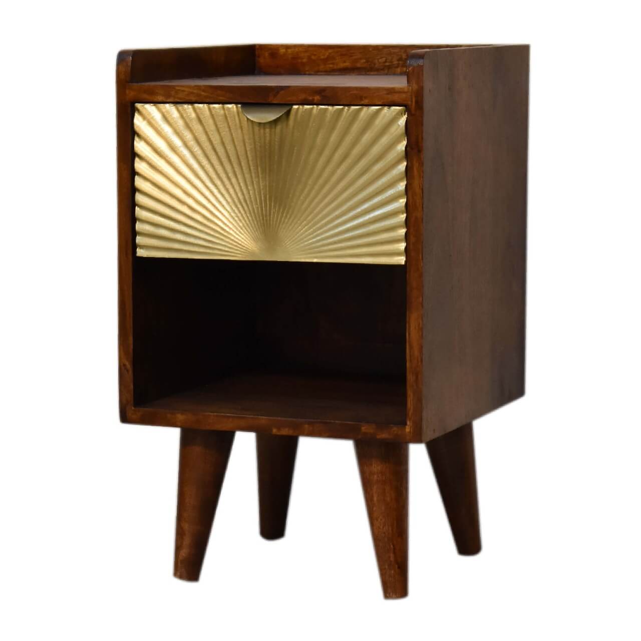 Narrow Sunrise Brass Plated Bedside Table, Chestnut Finish