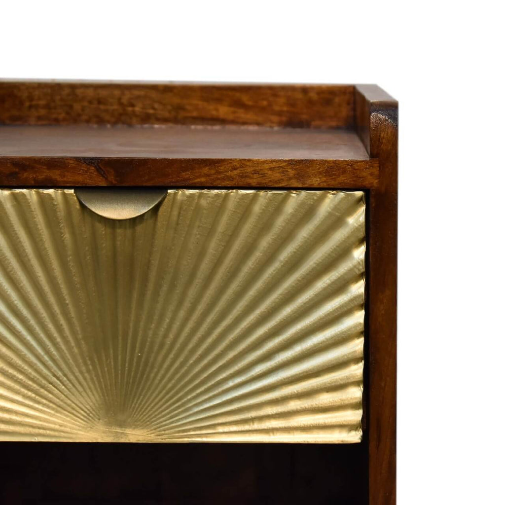 Narrow Sunrise Brass Plated Bedside Table, Chestnut Finish