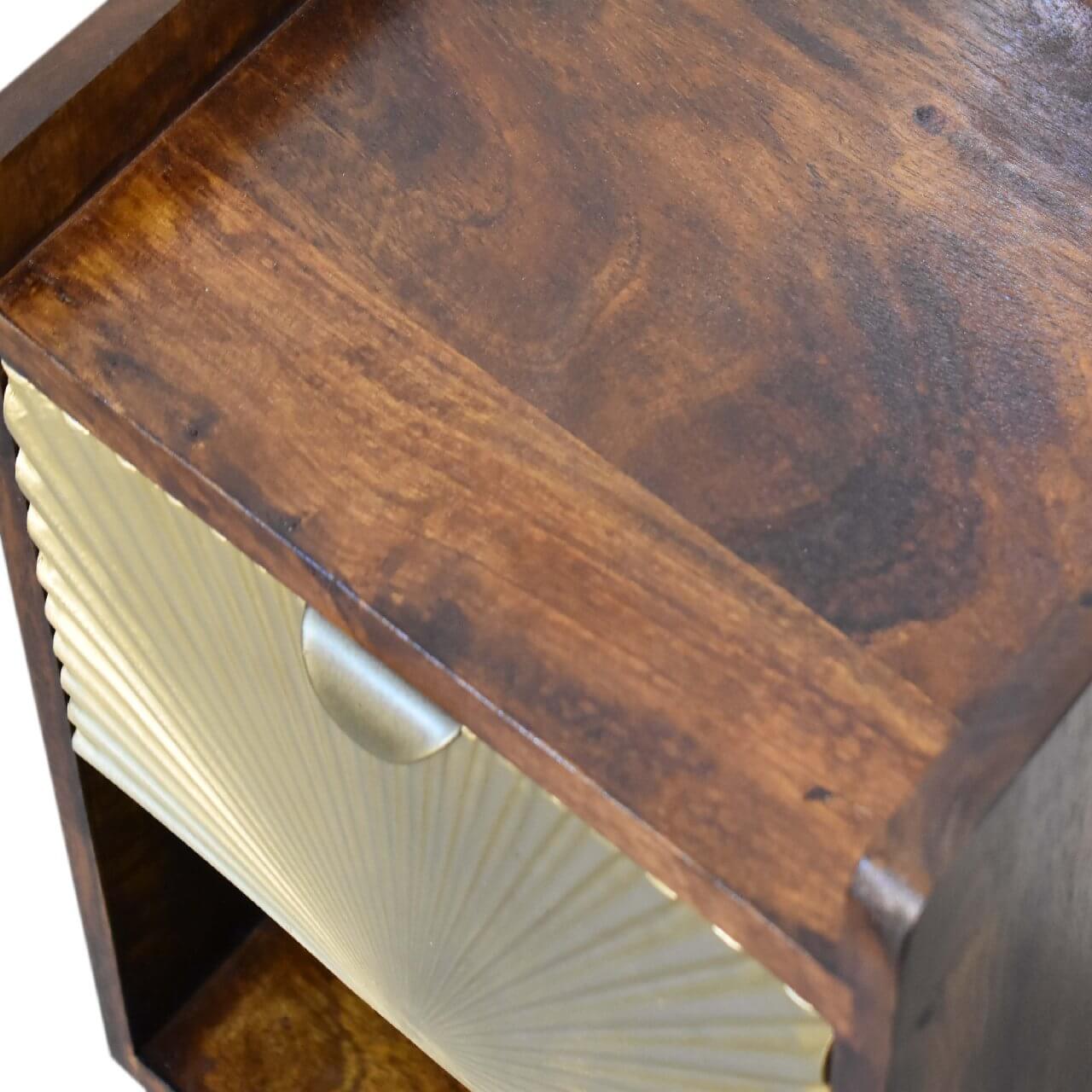 Narrow Sunrise Brass Plated Bedside Table, Chestnut Finish