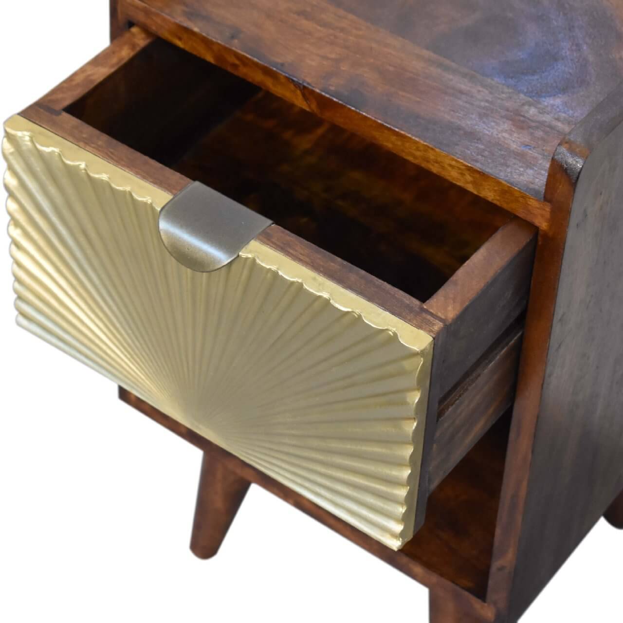 Narrow Sunrise Brass Plated Bedside Table, Chestnut Finish