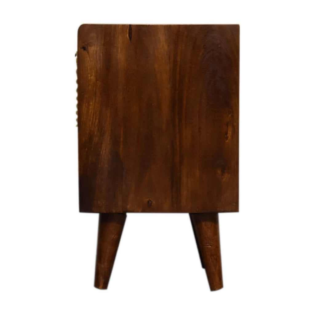 Narrow Sunrise Brass Plated Bedside Table, Chestnut Finish