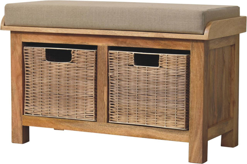Wooden and Rattan Basket Bench