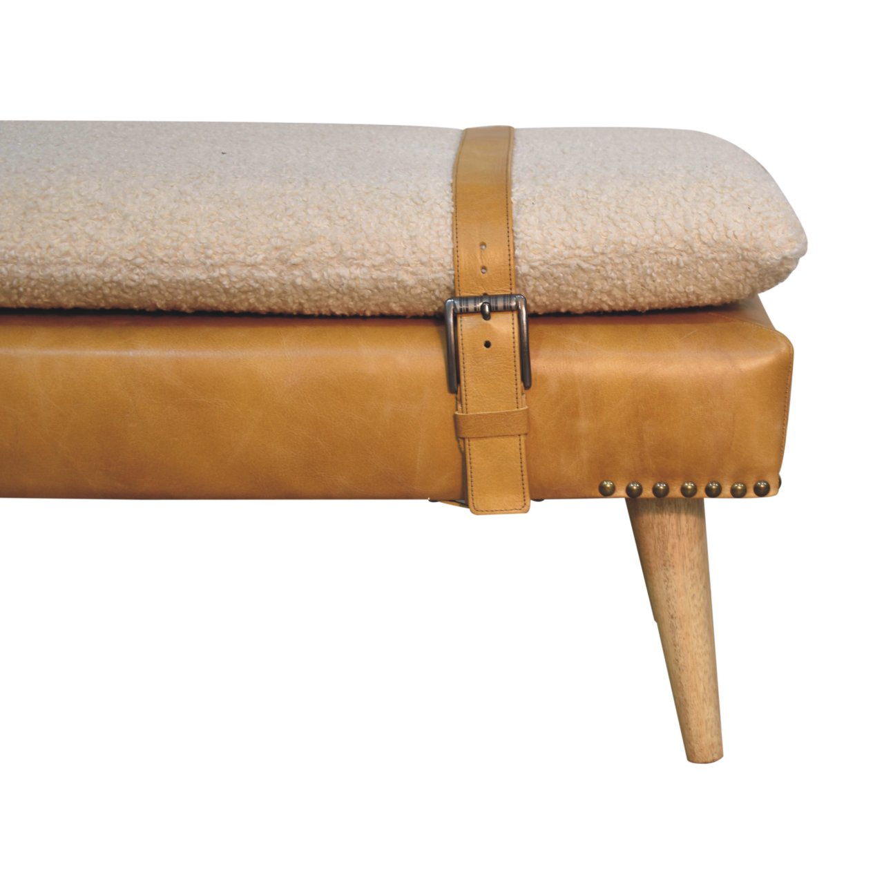 Bouclé Buffalo Hide Leather Bench, Tan