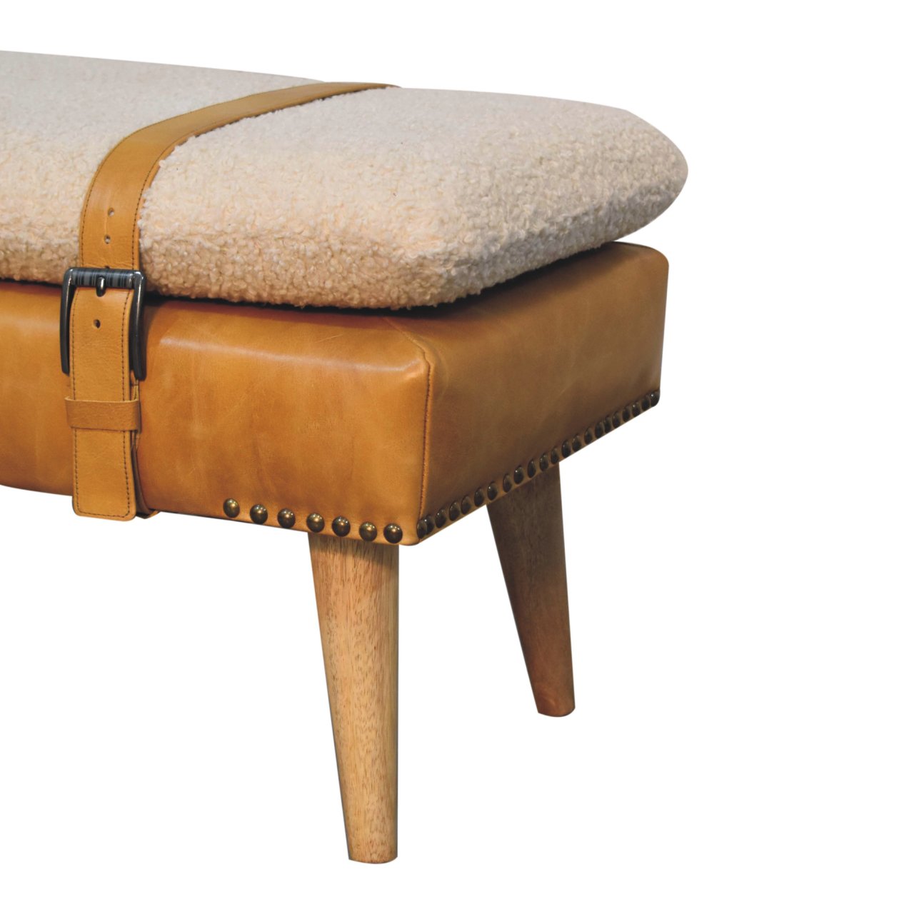Bouclé Buffalo Hide Leather Bench, Tan