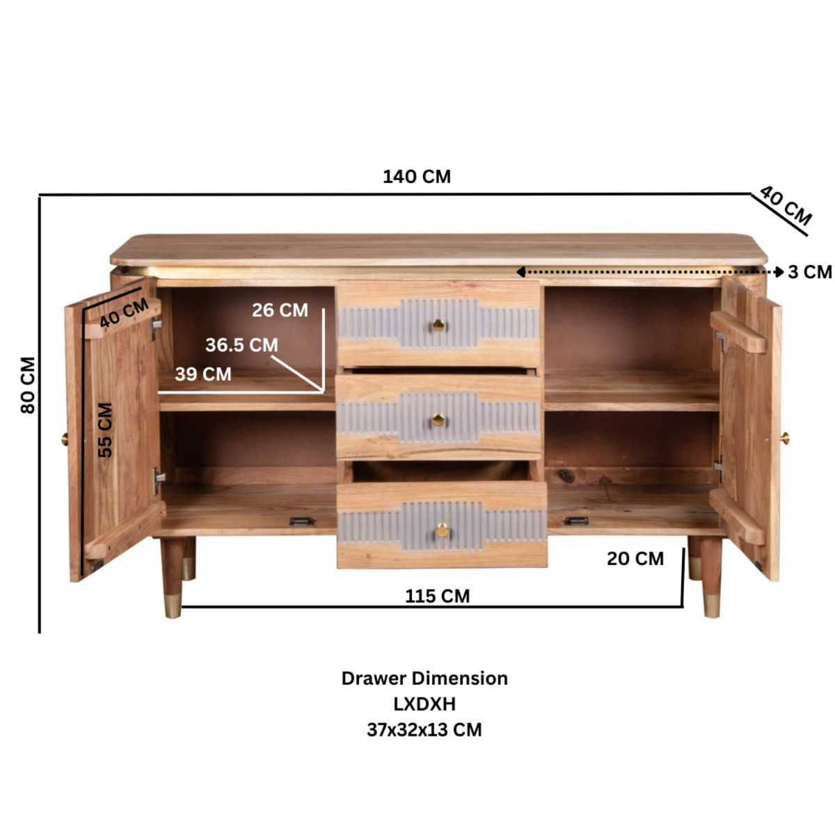 Acacia Wood 2 Doors 3 Drawers Sideboard