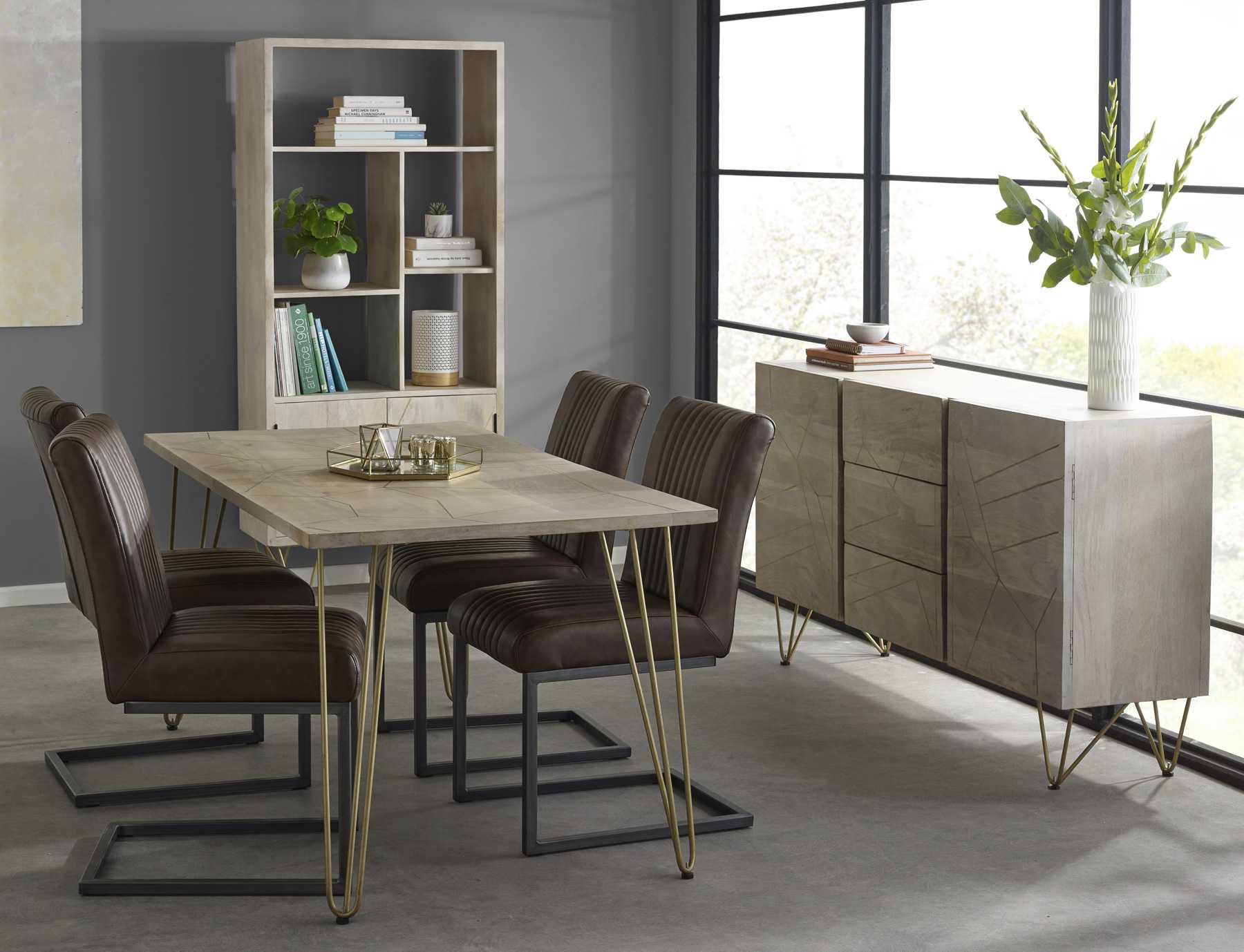 Mango Wood Dining Table with Gold Metal Inlay