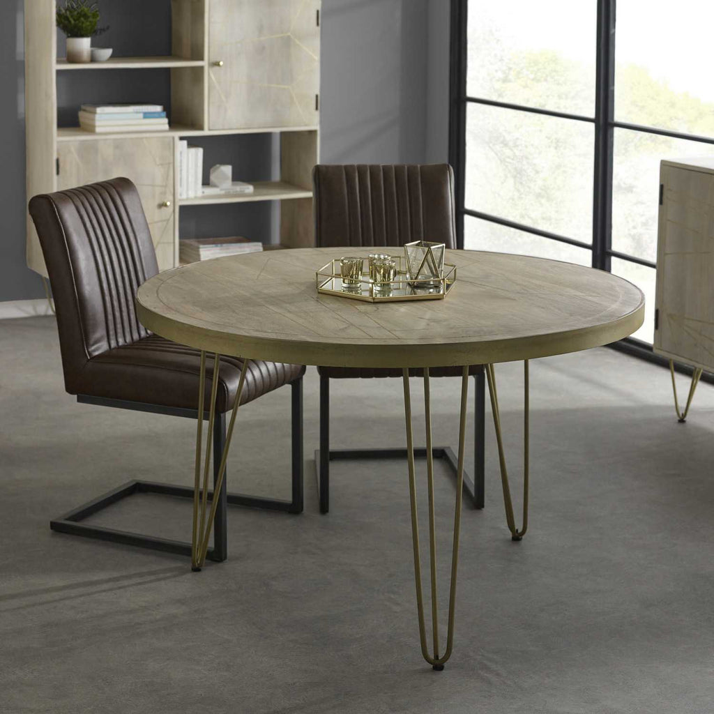 Mango Wood Round Dining Table with Brass Inlay
