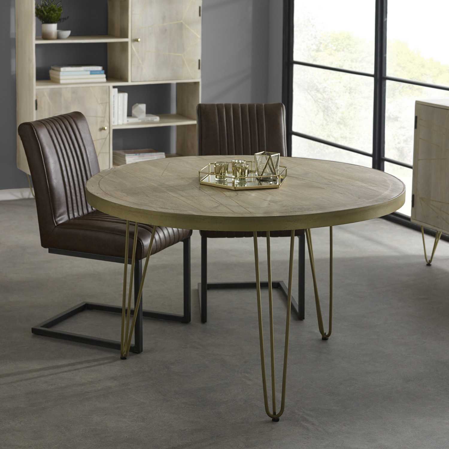 Mango Wood Round Dining Table with Brass Inlay