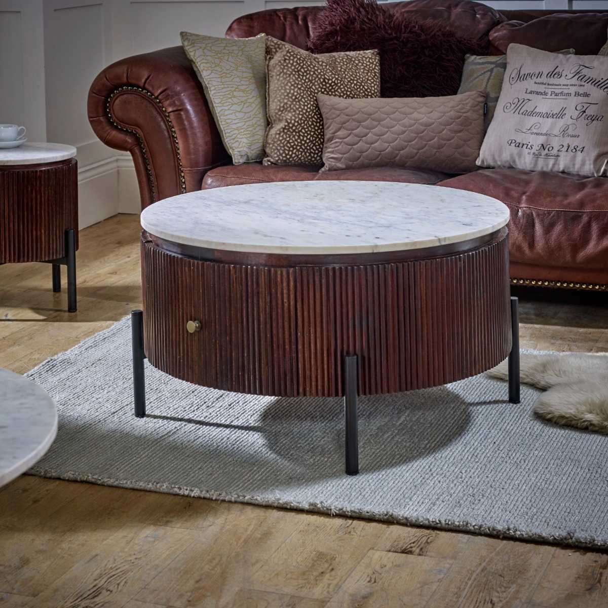 Mango Wood Fluted Coffee Table with Marble Top & Metal Legs