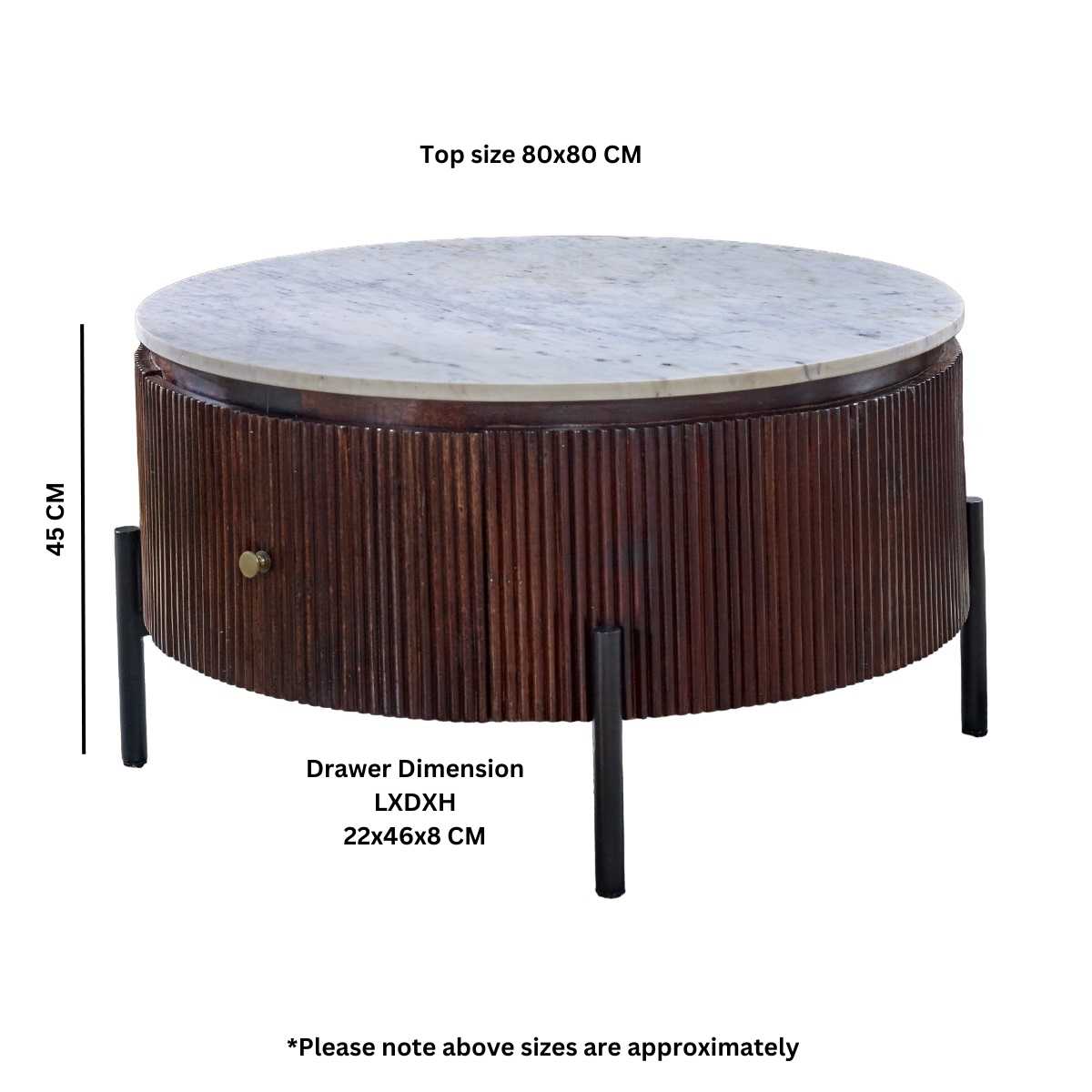 Mango Wood Fluted Coffee Table with Marble Top & Metal Legs
