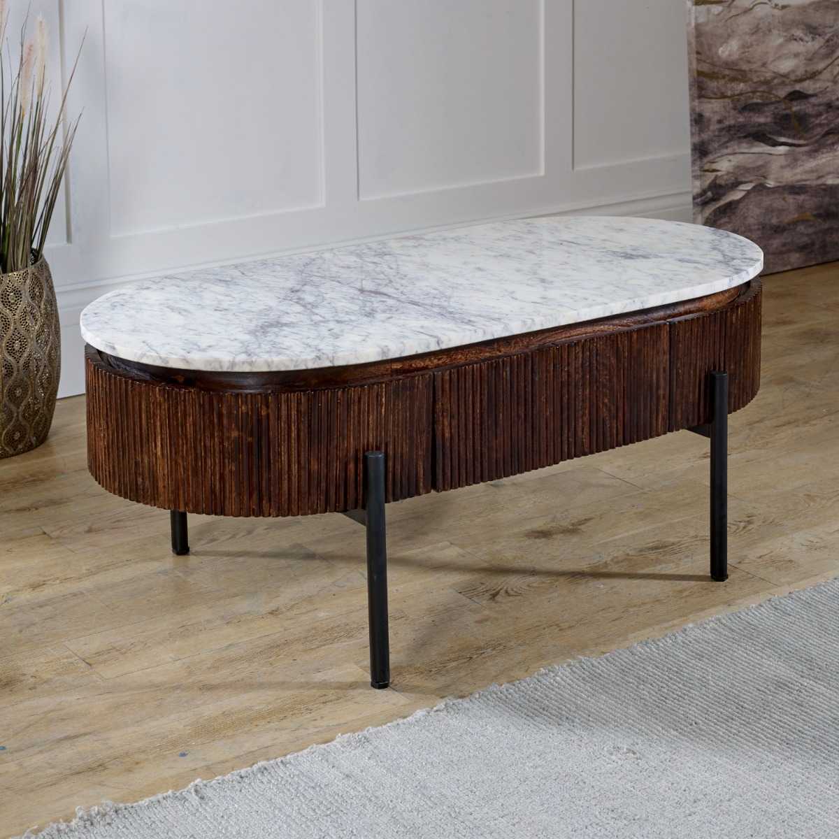 Mango Wood Fluted Coffee Table with Marble Top & Metal Legs