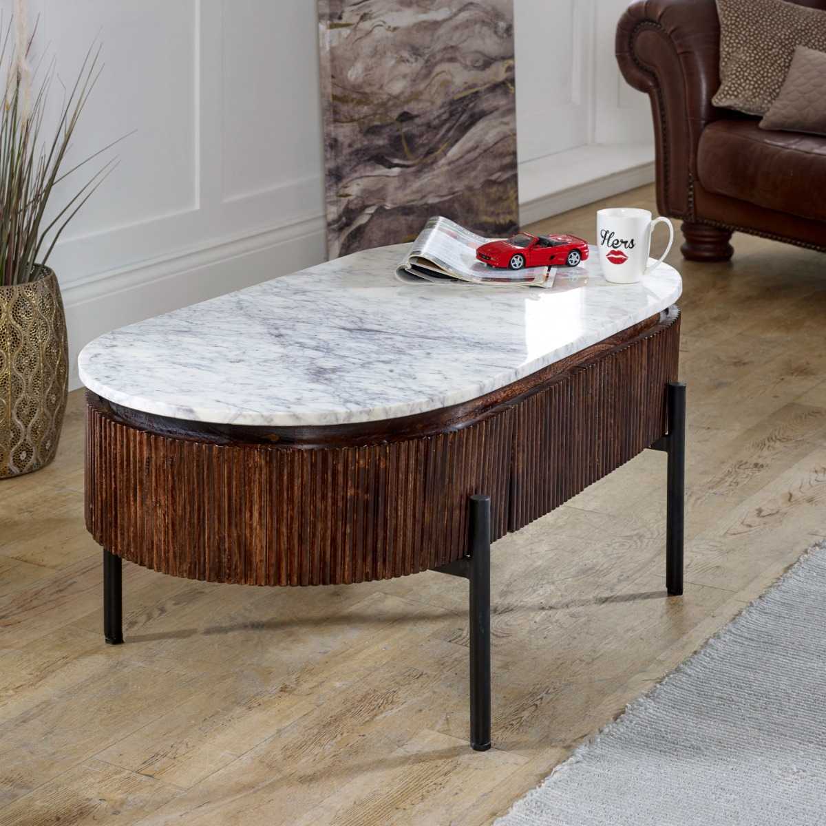 Mango Wood Fluted Coffee Table with Marble Top & Metal Legs