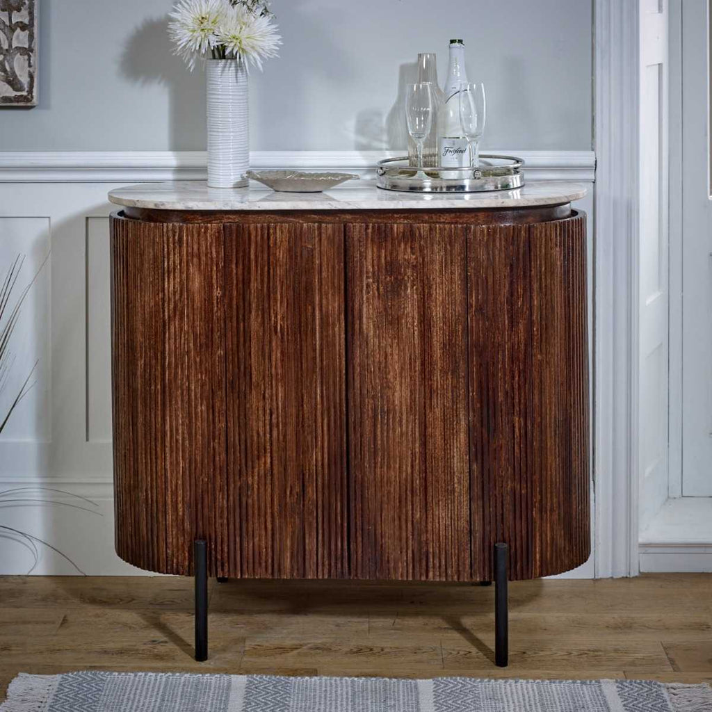 Mango Wood Bar Cabinet, Marble Top & Metal Legs