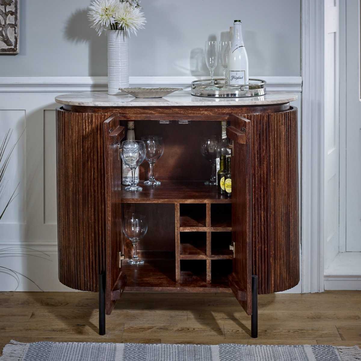 Mango Wood Bar Cabinet, Marble Top & Metal Legs