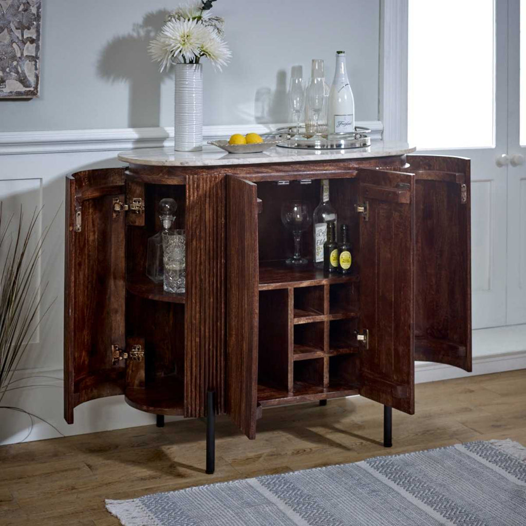 Mango Wood Bar Cabinet, Marble Top & Metal Legs