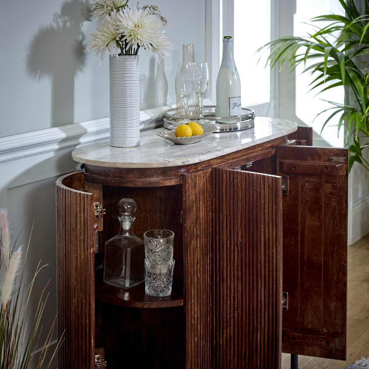 Mango Wood Bar Cabinet, Marble Top & Metal Legs