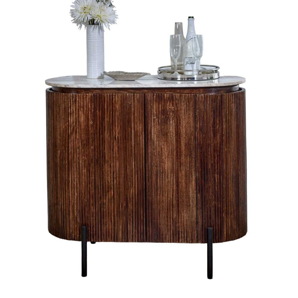 Mango Wood Bar Cabinet, Marble Top & Metal Legs