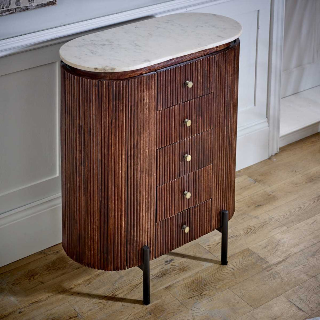 Mango Wood Wide Chest Of Drawers, Marble Top & Metal Legs
