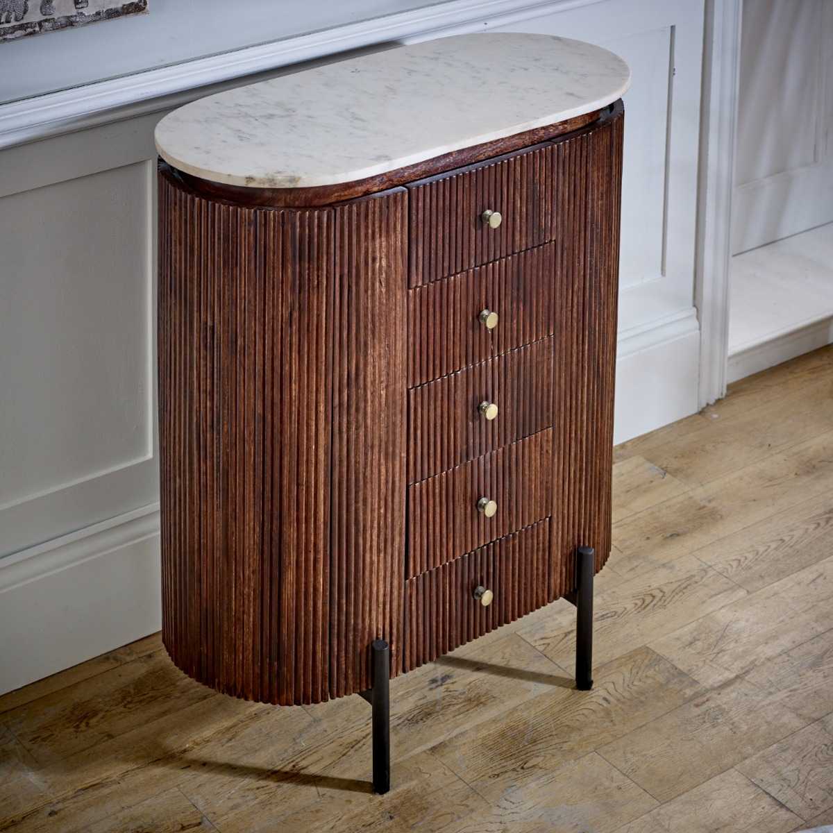 Mango Wood Wide Chest Of Drawers, Marble Top & Metal Legs