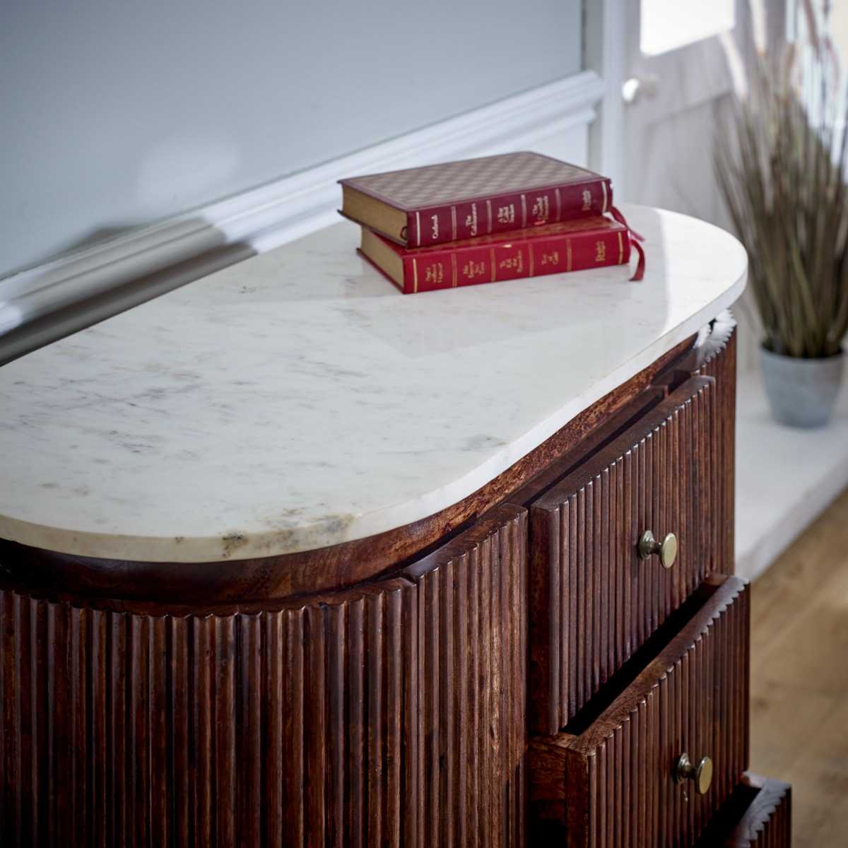 Mango Wood Wide Chest Of Drawers, Marble Top & Metal Legs
