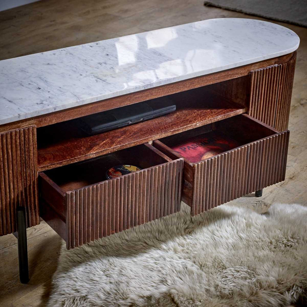 Mango Wood Tv Stand With Marble Top & Metal Legs