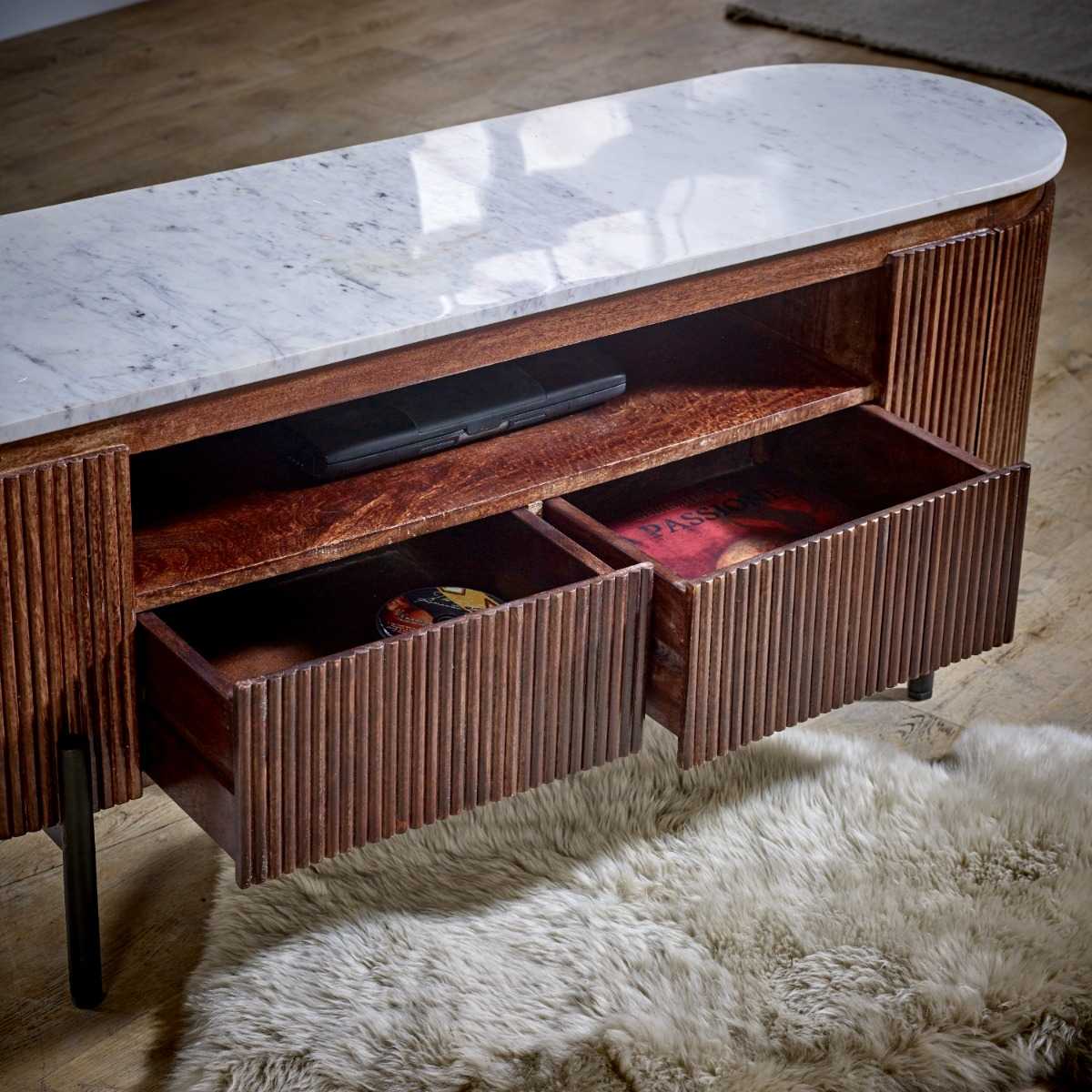 Mango Wood Tv Stand With Marble Top & Metal Legs
