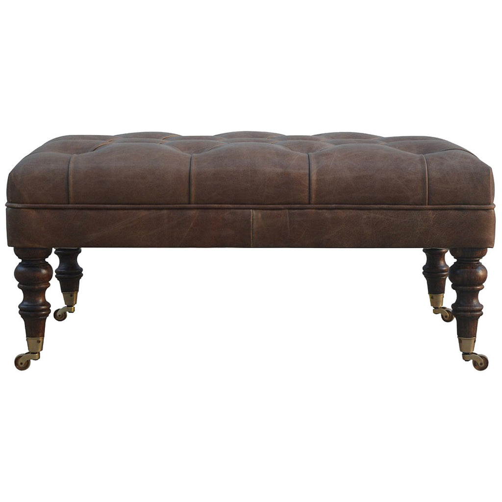 Mango Wood and Leather Ottoman